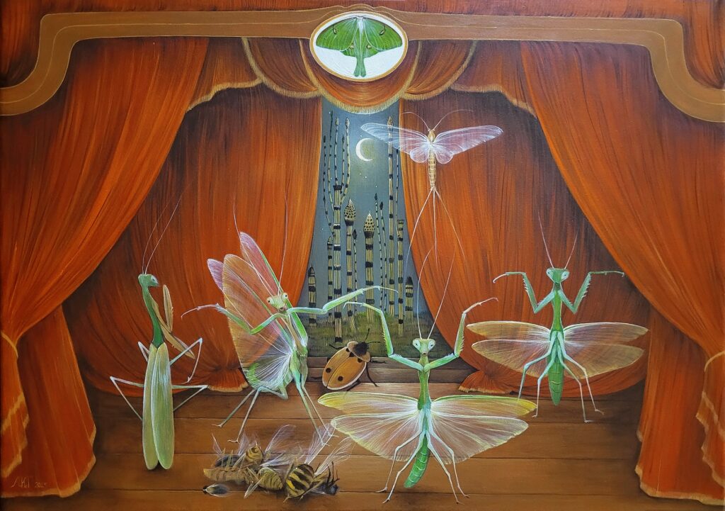 „Taniec Modliszki” – ACRYLIC ON CANVAS, 50×70 CM., 2025