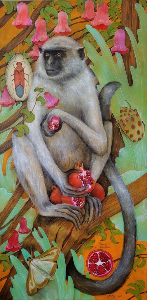 „Hulman czczony i granaty” – OIL ON CANVAS, 100×50 cm., 2025