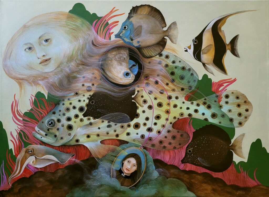 „Meduza pożerająca papugę” – acrylic on canvas, 55×74,5 cm., 2026