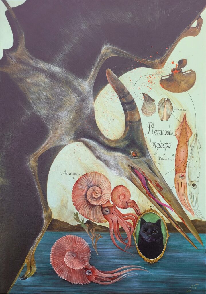 „Kotek Pikuś w okresie KREDY” – ACRYLIC ON CANVAS, 100×70 cm., 2026